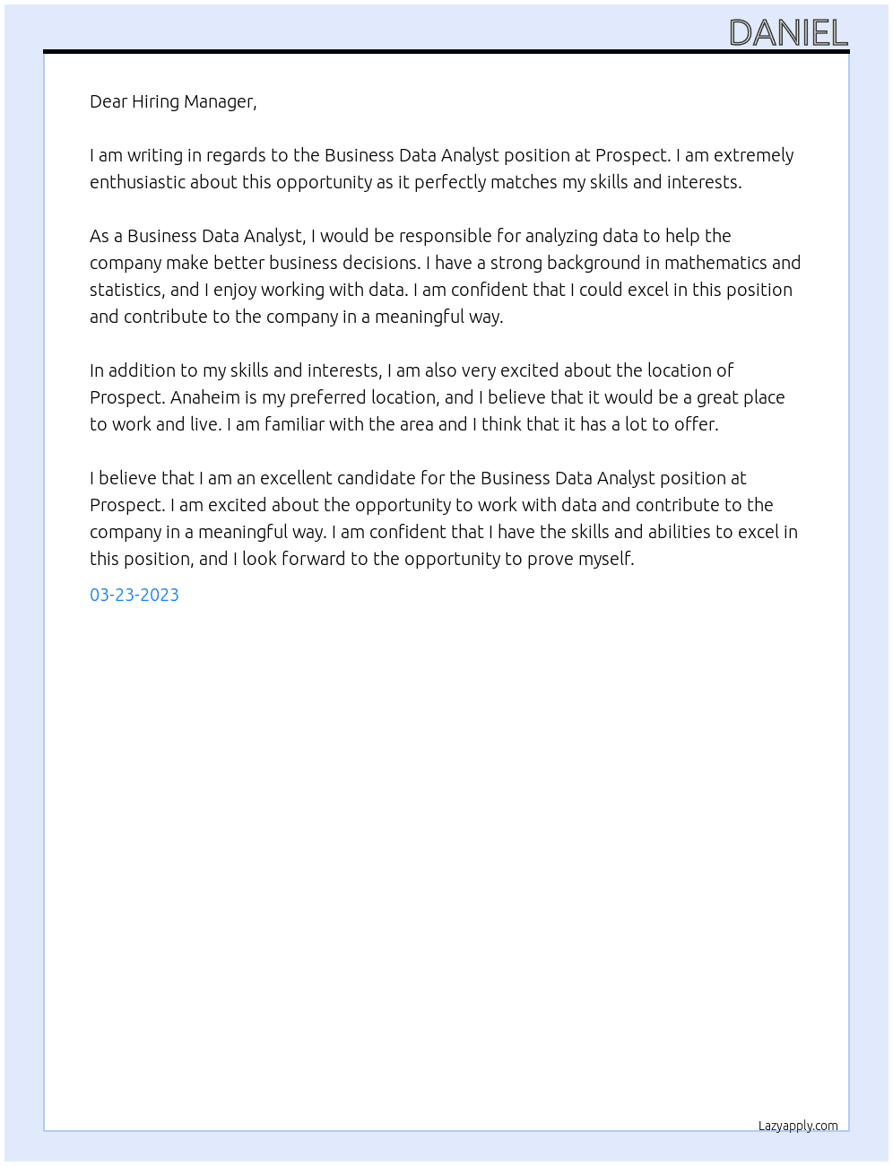 Business Data Analyst At Prospect Cover Letter