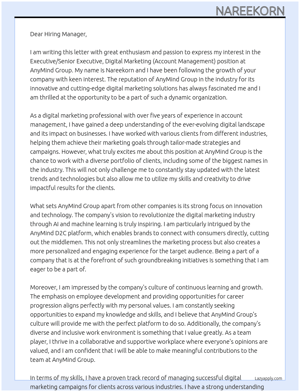 Executive/Senior Executive, Digital Marketing (Account Management)  At AnyMind Group Cover Letter