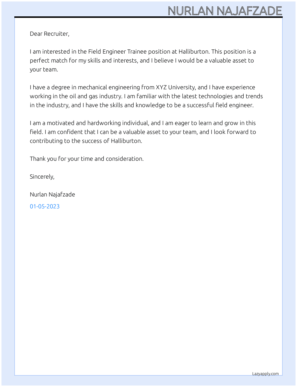 Field Engineer Trainee At Halliburton Cover Letter