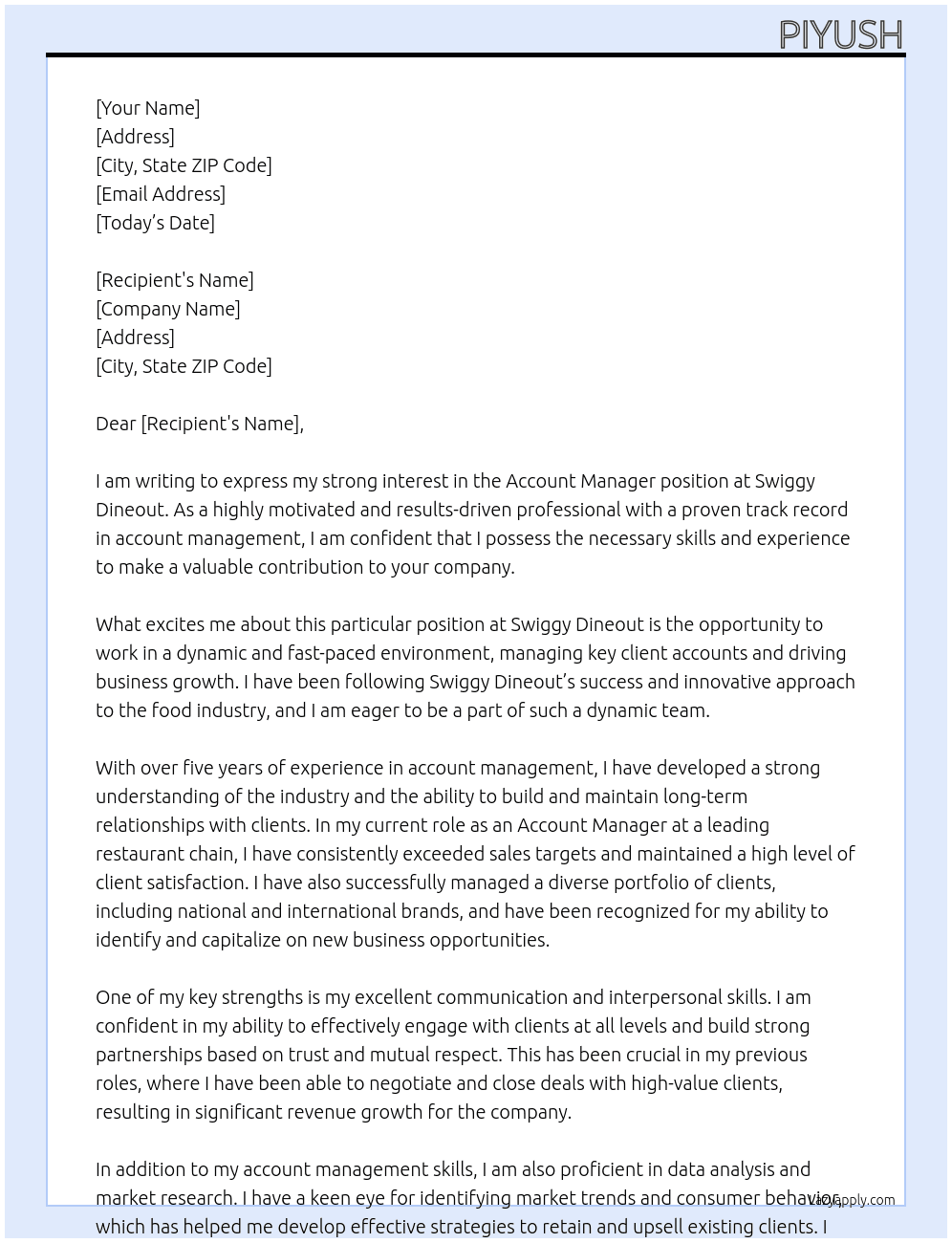 Account Manager At swiggy dineout Cover Letter