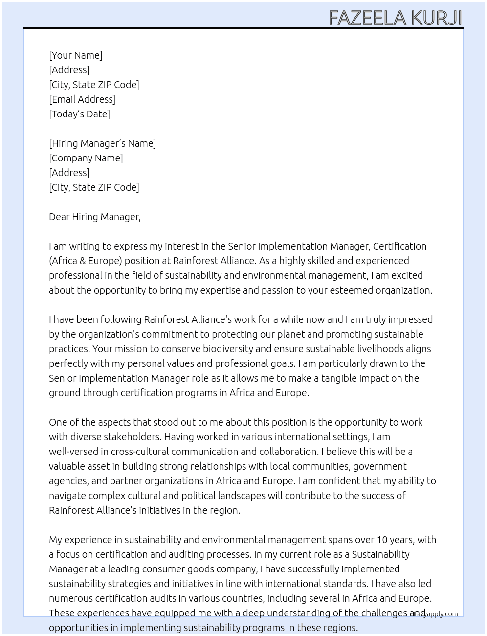 Senior Implementation Manager, Certification (Africa & Europe) At Rainforest Alliance Cover Letter