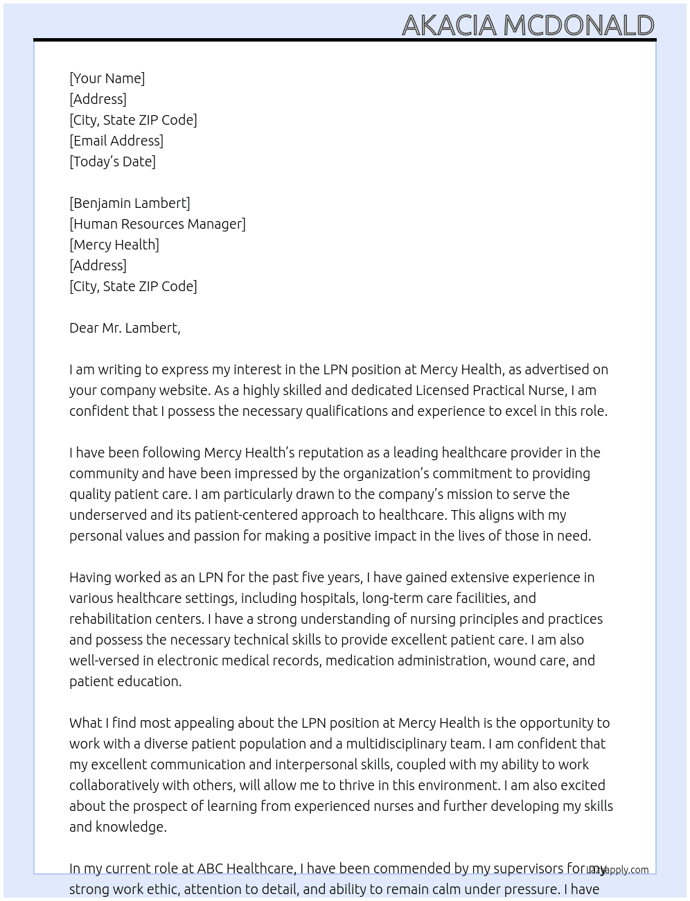 LPN At Mercy Health Cover Letter