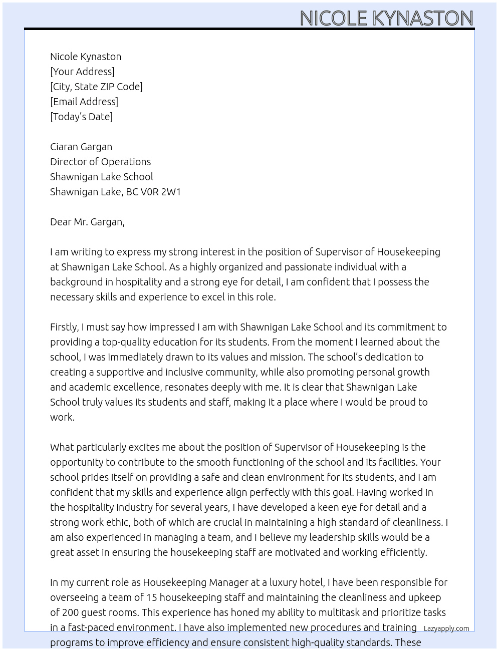 supervisor of housekeeping At Shawnigan Lake School Cover Letter