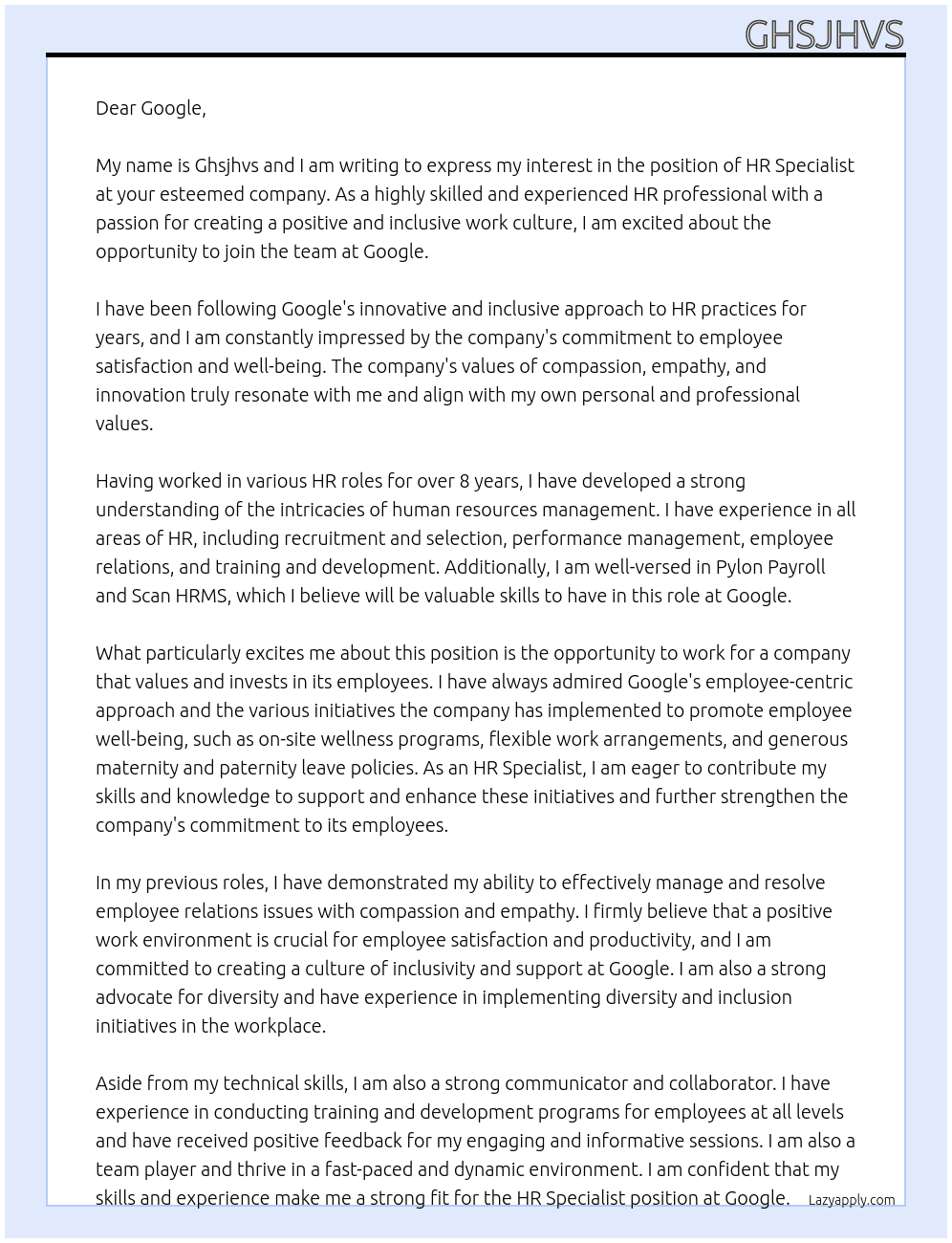 HR SPECIALIST  At Google Cover Letter