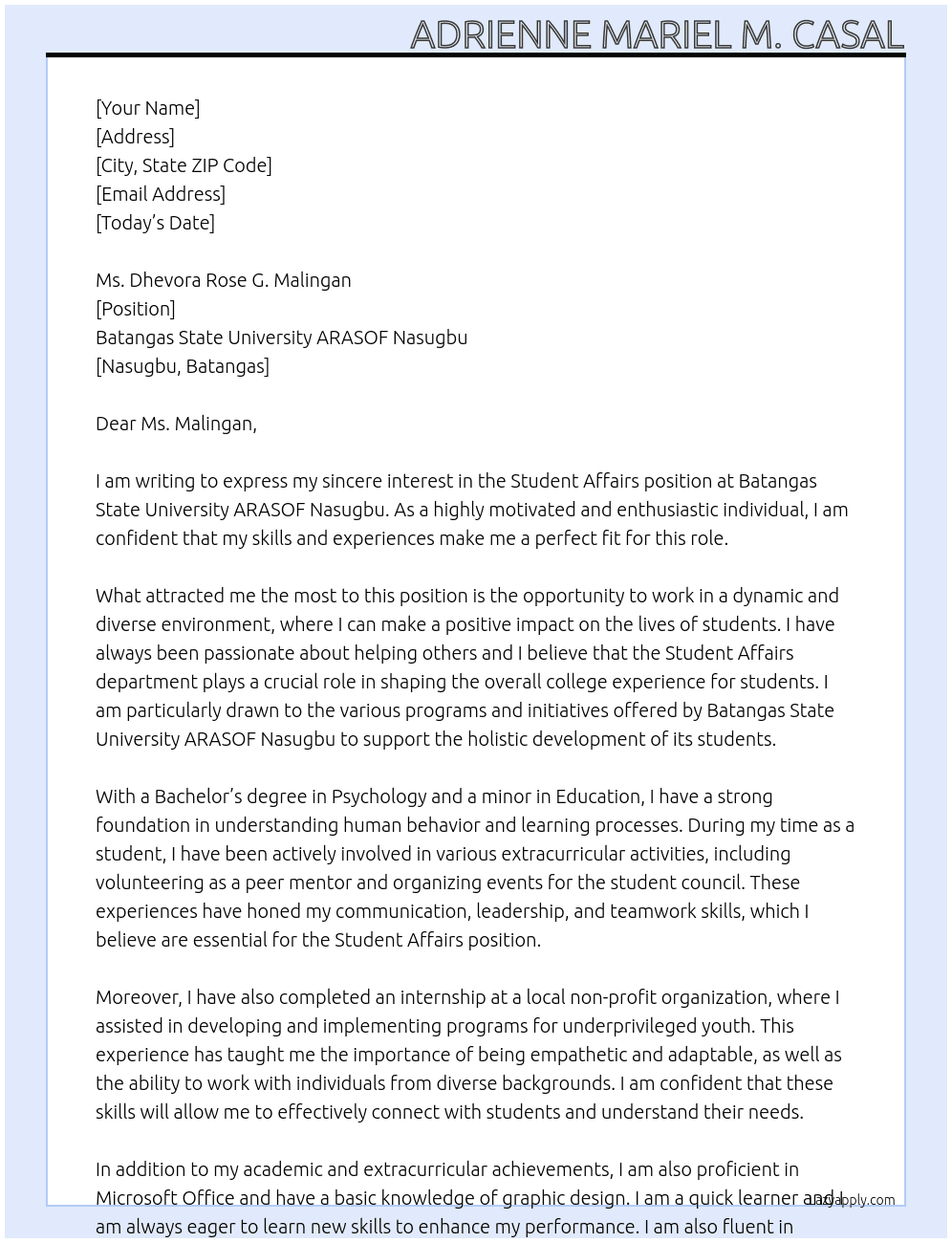 Student Affairs At Batangas State University ARASOF Nasugbu Cover Letter