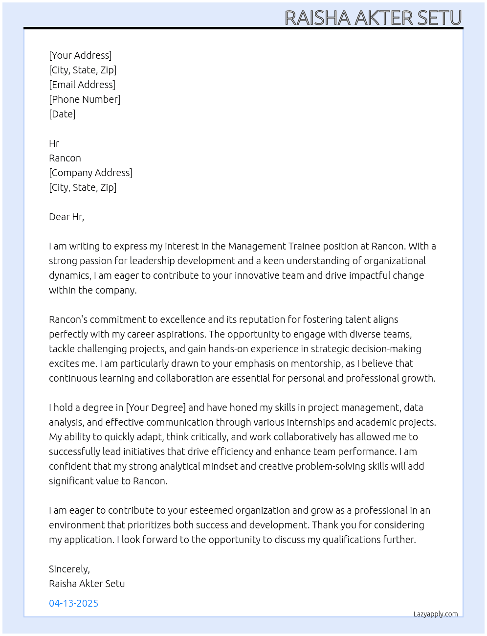 Management trainee  At Rancon Cover Letter