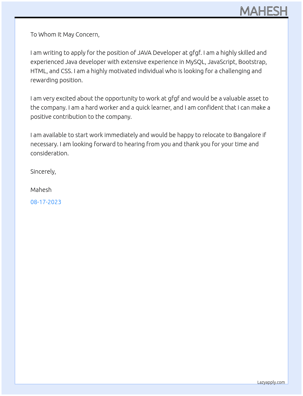 JAVA Developer At gfgf Cover Letter