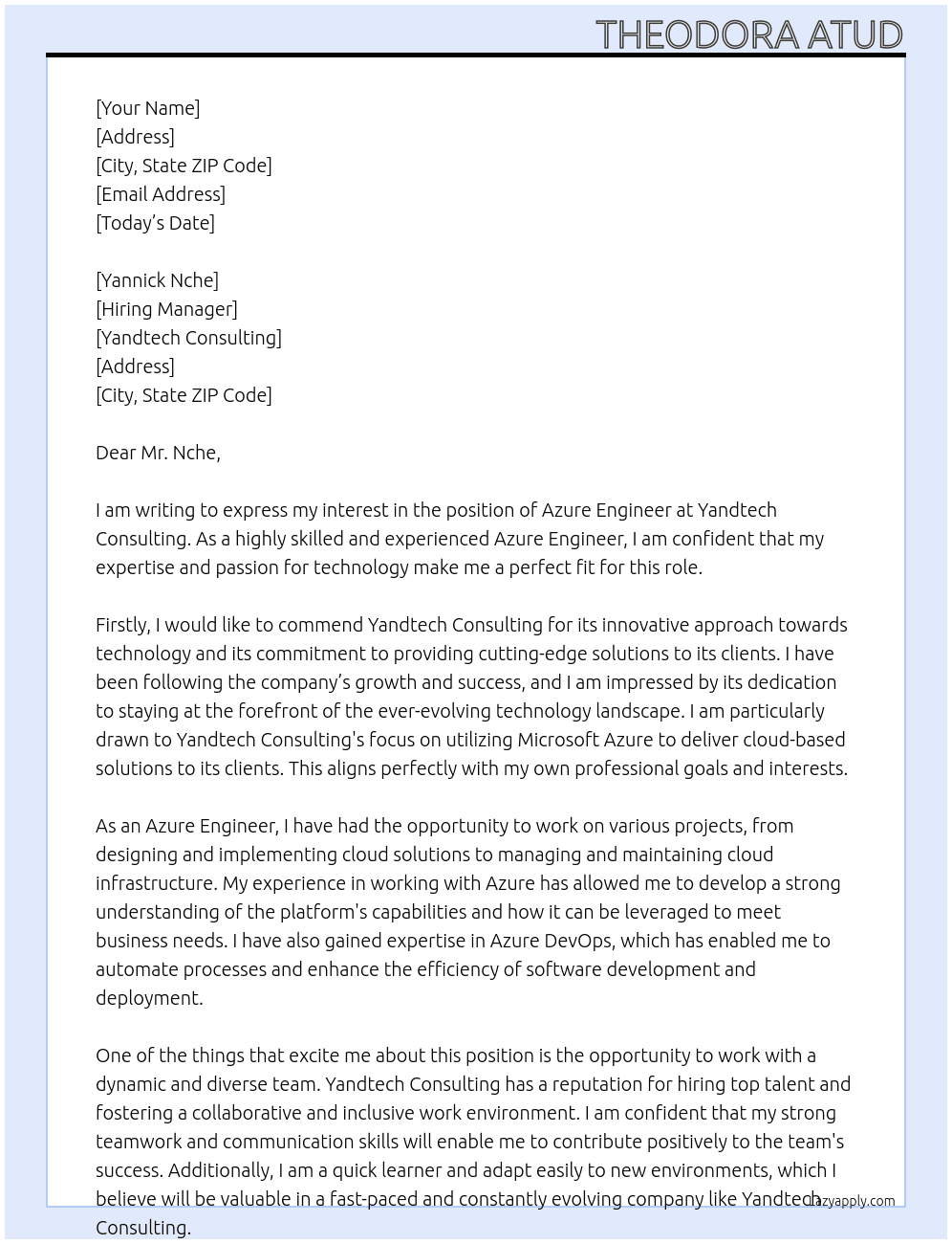 Azure Engineer At Yandtech Consulting Cover Letter