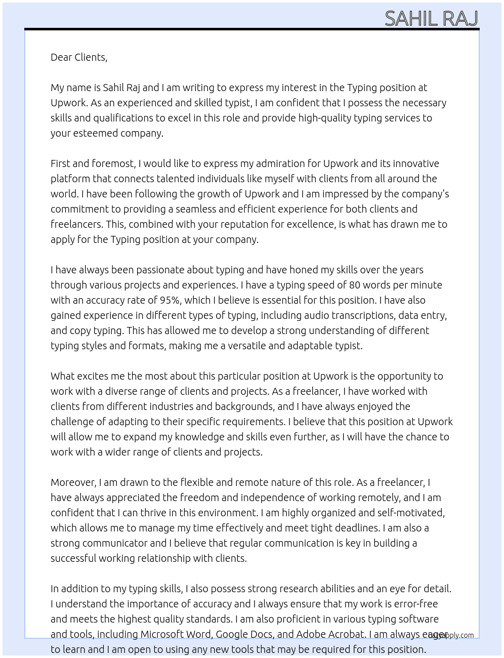 Typing  At Upwork Cover Letter