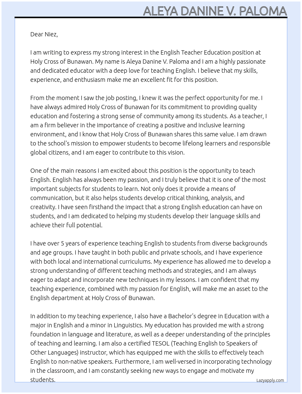 English teacher educatiom At Holy Cross of Bunawan Cover Letter