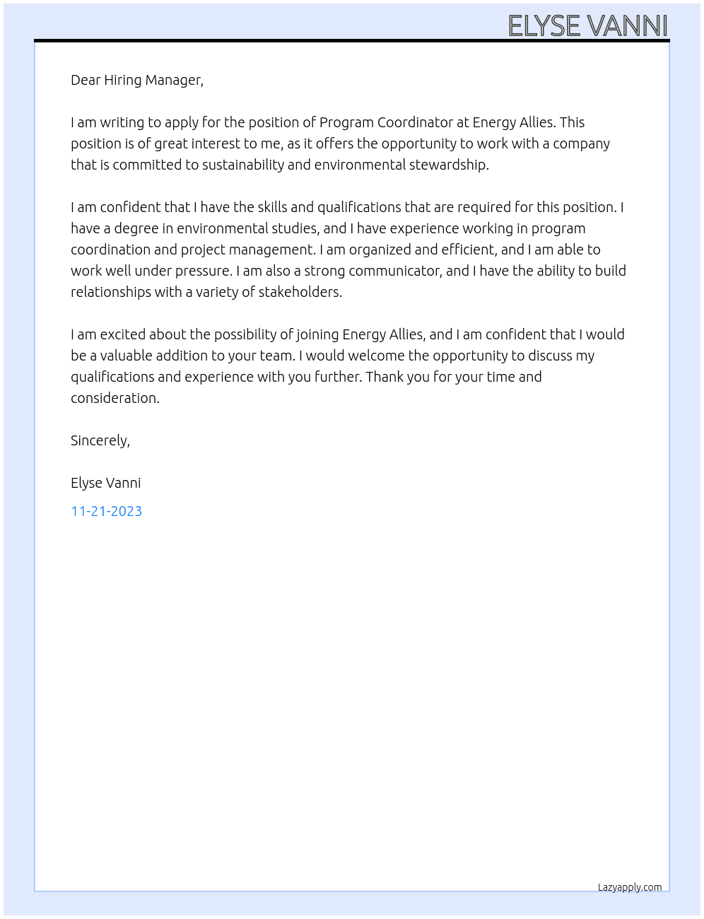 Program Coordinator At Energy Allies Cover Letter