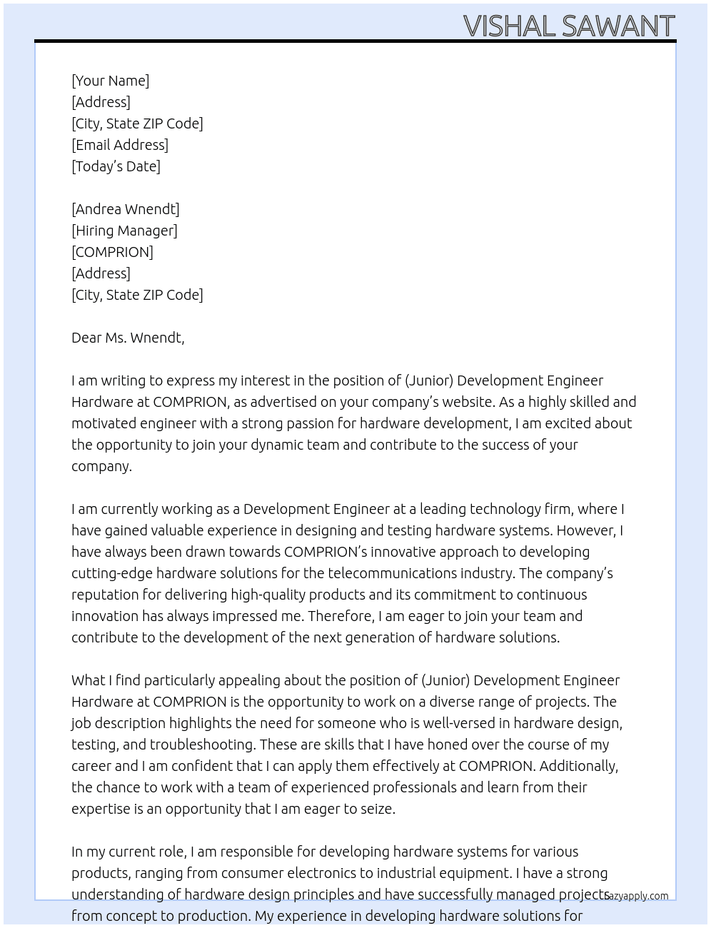 (Junior) Development Engineer Hardware At COMPRION Cover Letter