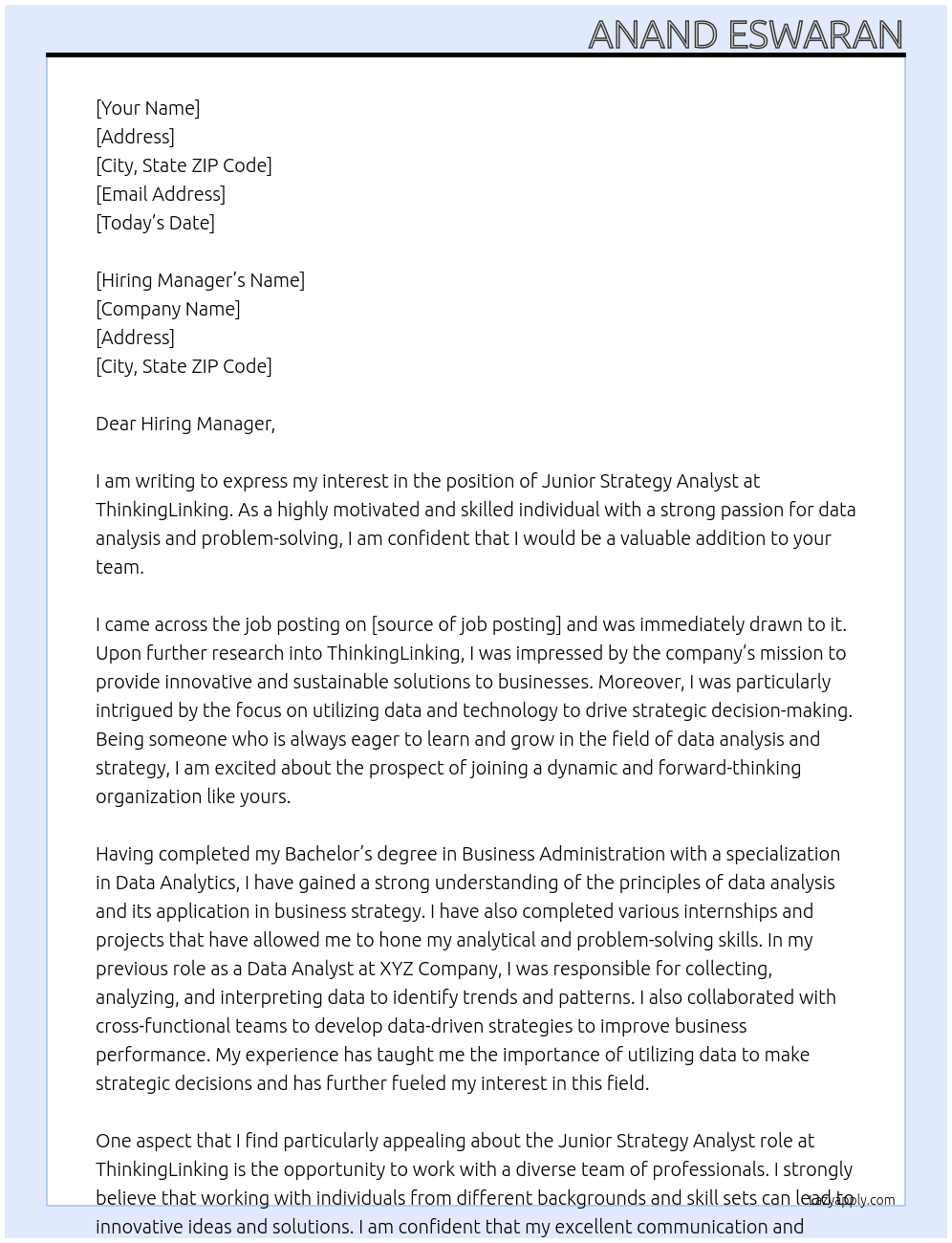 Junior Strategy Analyst At ThinkingLinking Cover Letter