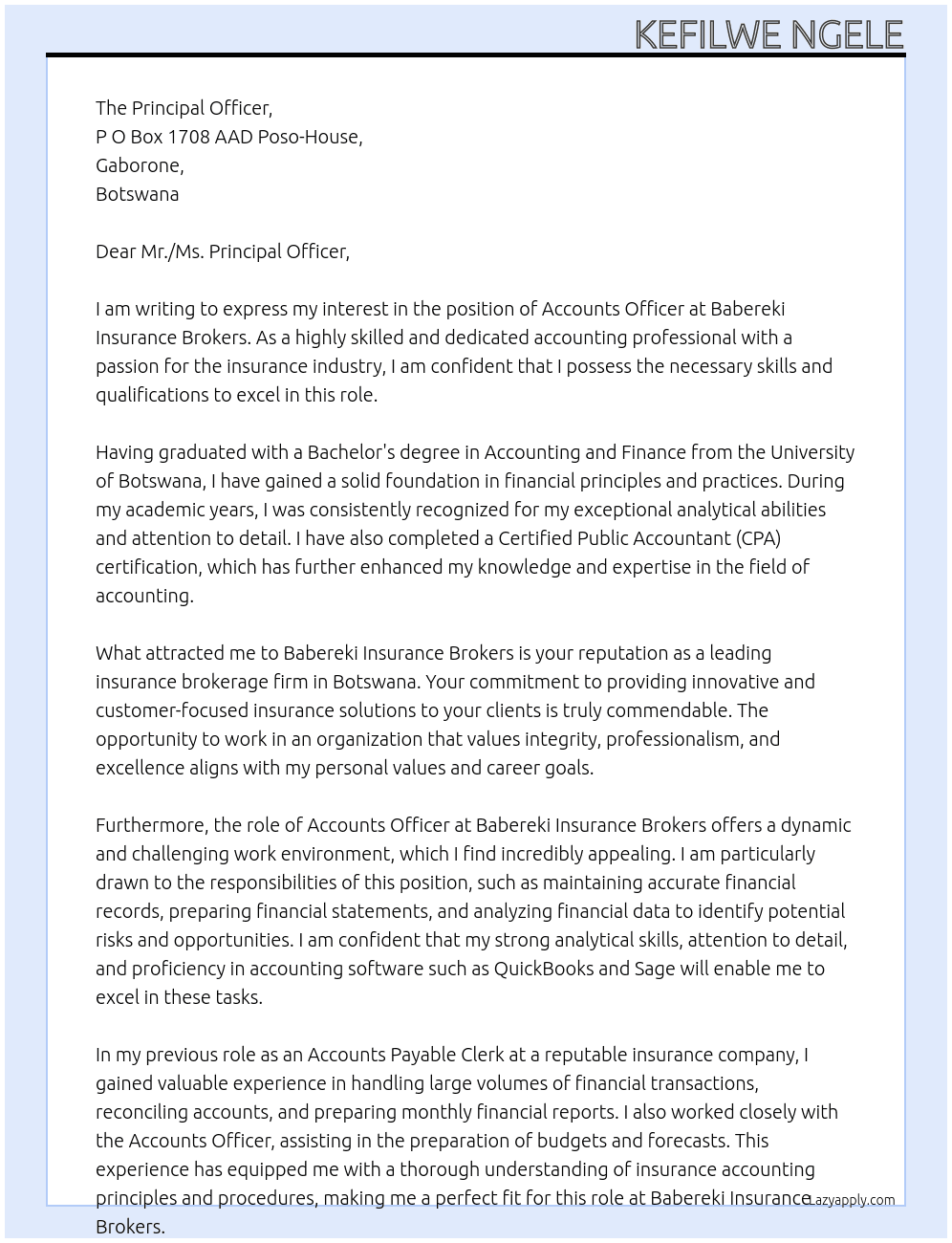 Accounts Officer At Babereki Insurance Brokers Cover Letter