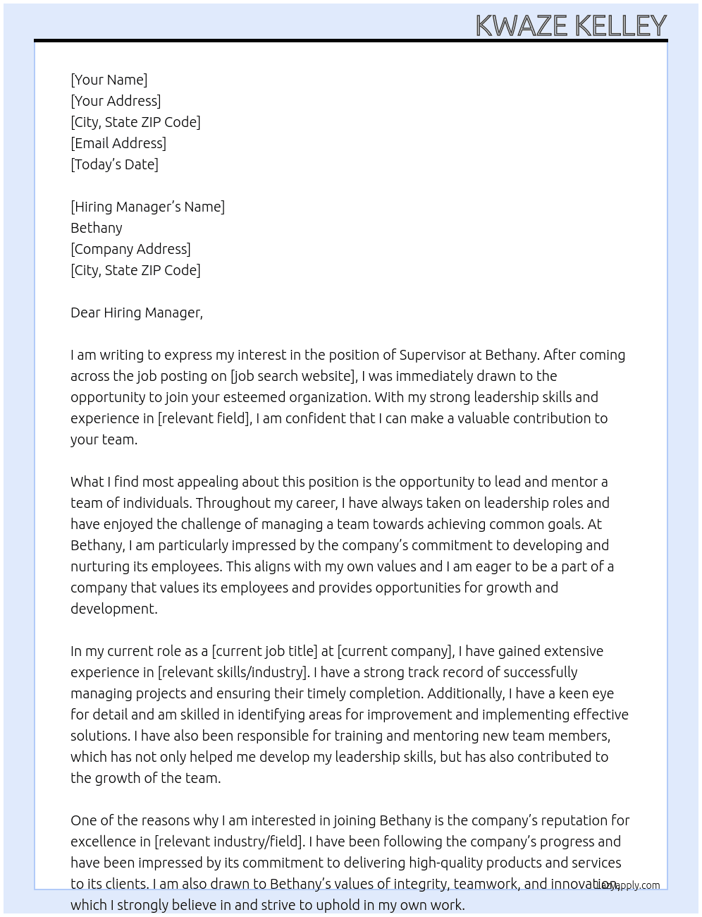 Supervior At Bethany Cover Letter