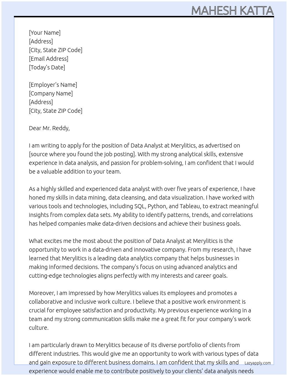  data analyst At merylitics Cover Letter