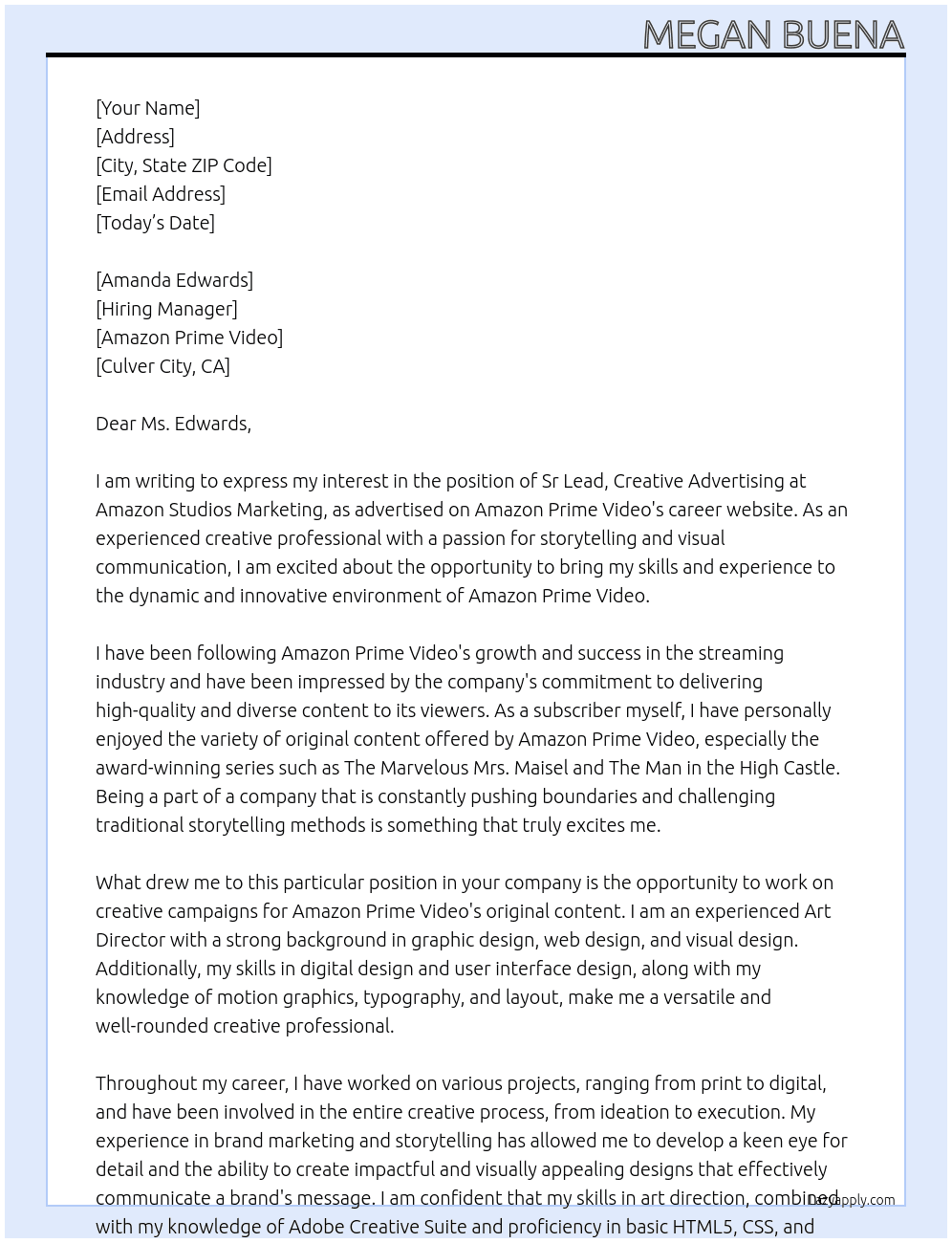 Sr Lead, Creative Advertising, Amazon Studios Marketing At Amazon Prime Video Cover Letter