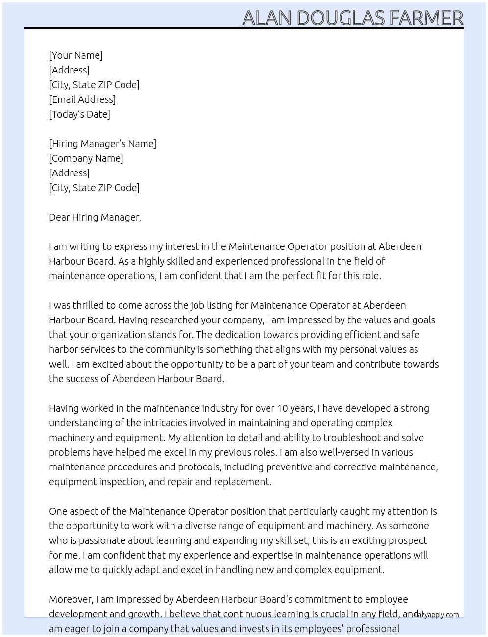 Maintenance Operator At Aberdeen Harbour Board Cover Letter