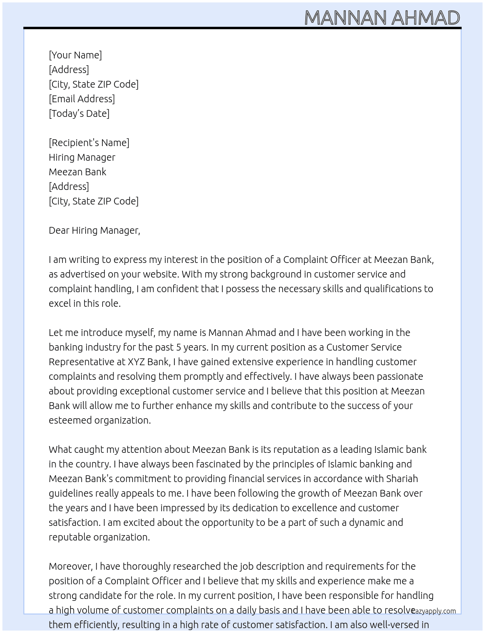 complain officer At Meezan bank Cover Letter