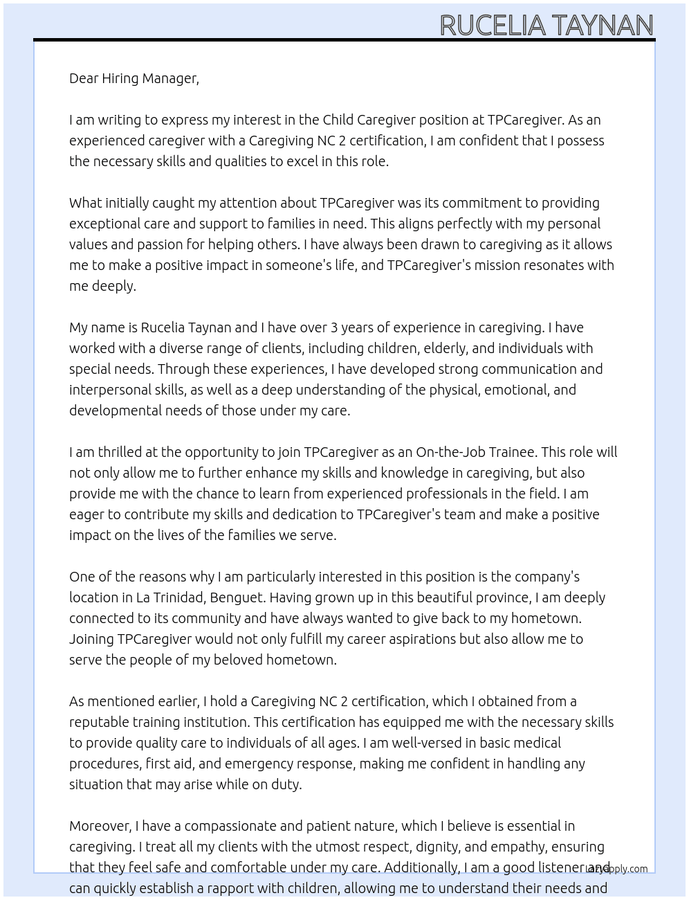 child caregiver At TPCaregiver  Cover Letter