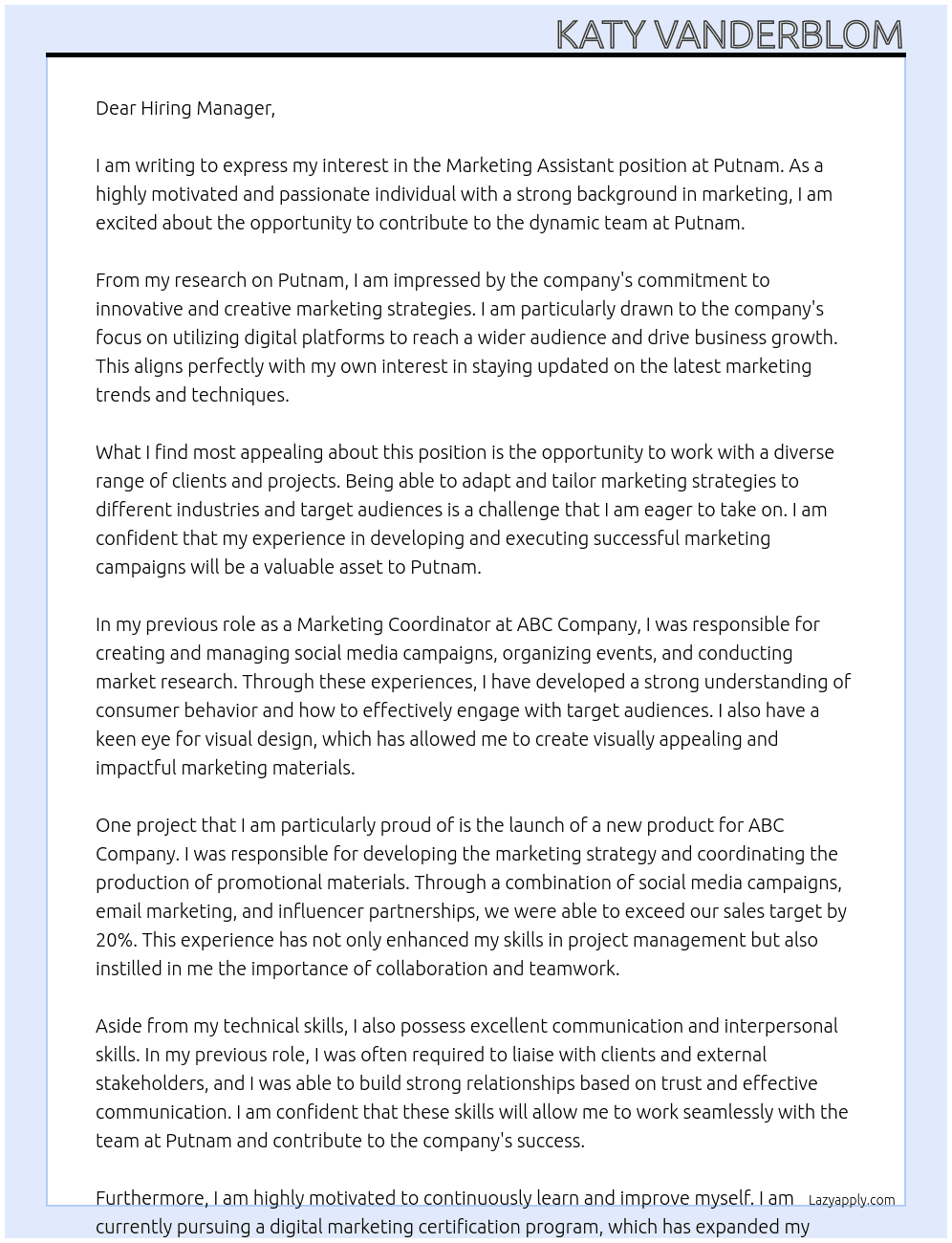 Marketing Assistant At Putnam Cover Letter