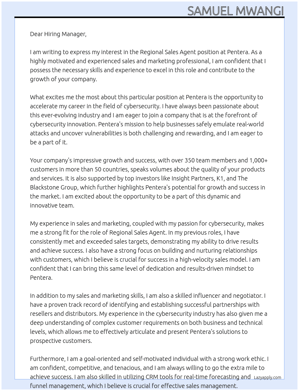 regional sale agent At pentera Cover Letter