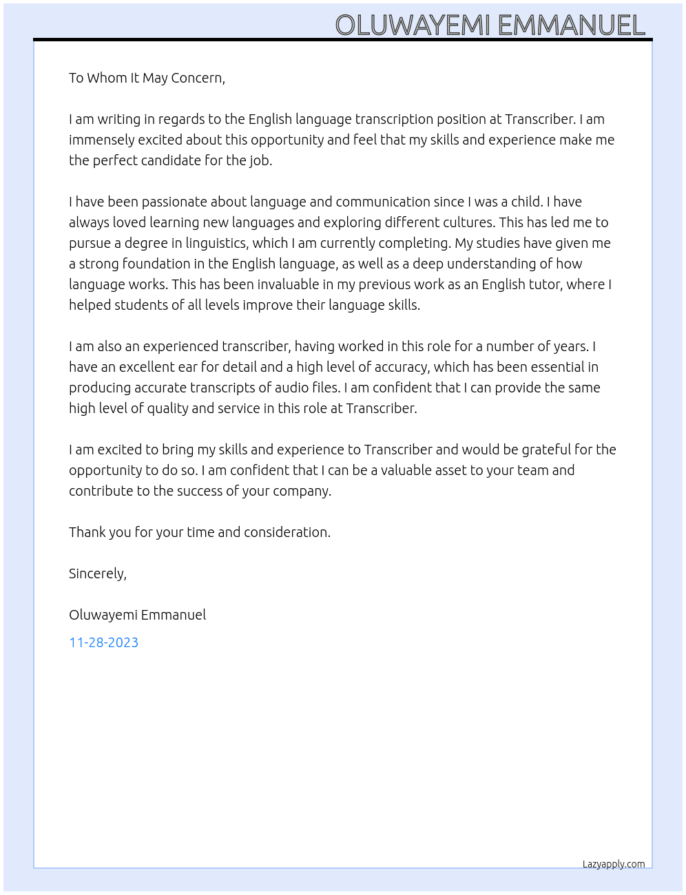 English language for Audio Transcription At Transcriber  Cover Letter
