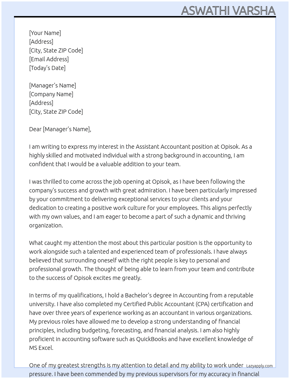 ASSISTAND ACCOUNTANT At OPISOK Cover Letter
