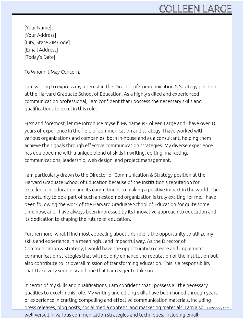 Director of Communication & Strategy At Harvard Graduate School of Education Cover Letter