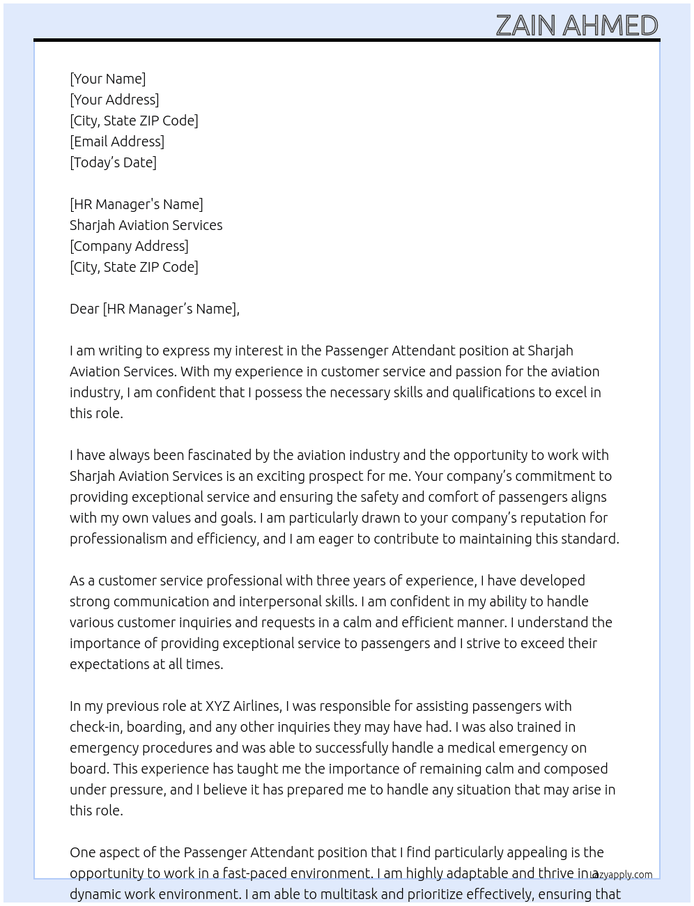 Passenger attendant At Sharjah Aviation Services Cover Letter