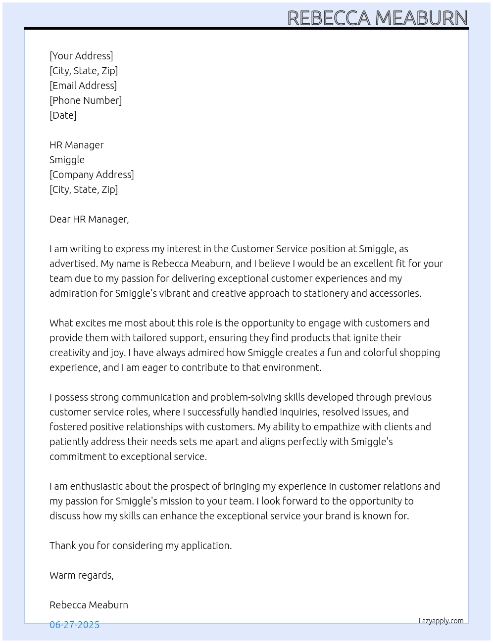 customer service At smiggle Cover Letter
