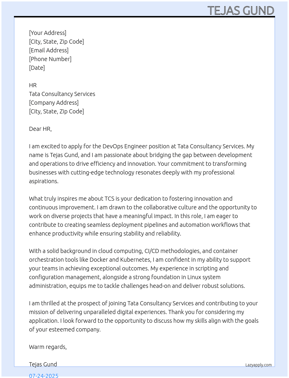 Devops Engineer At Tata Consultancy services Cover Letter