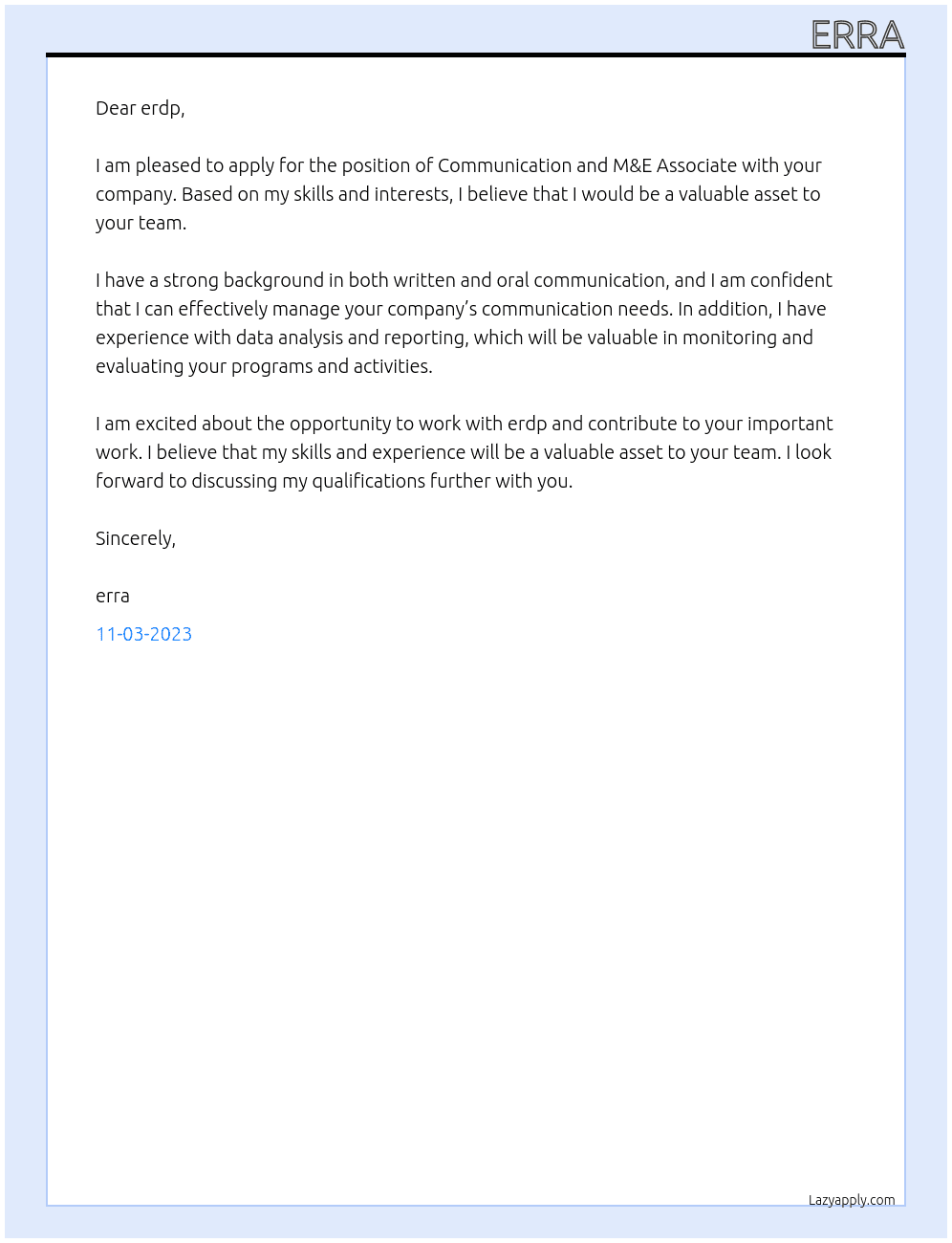 Communication and M&E Associate At erdp Cover Letter