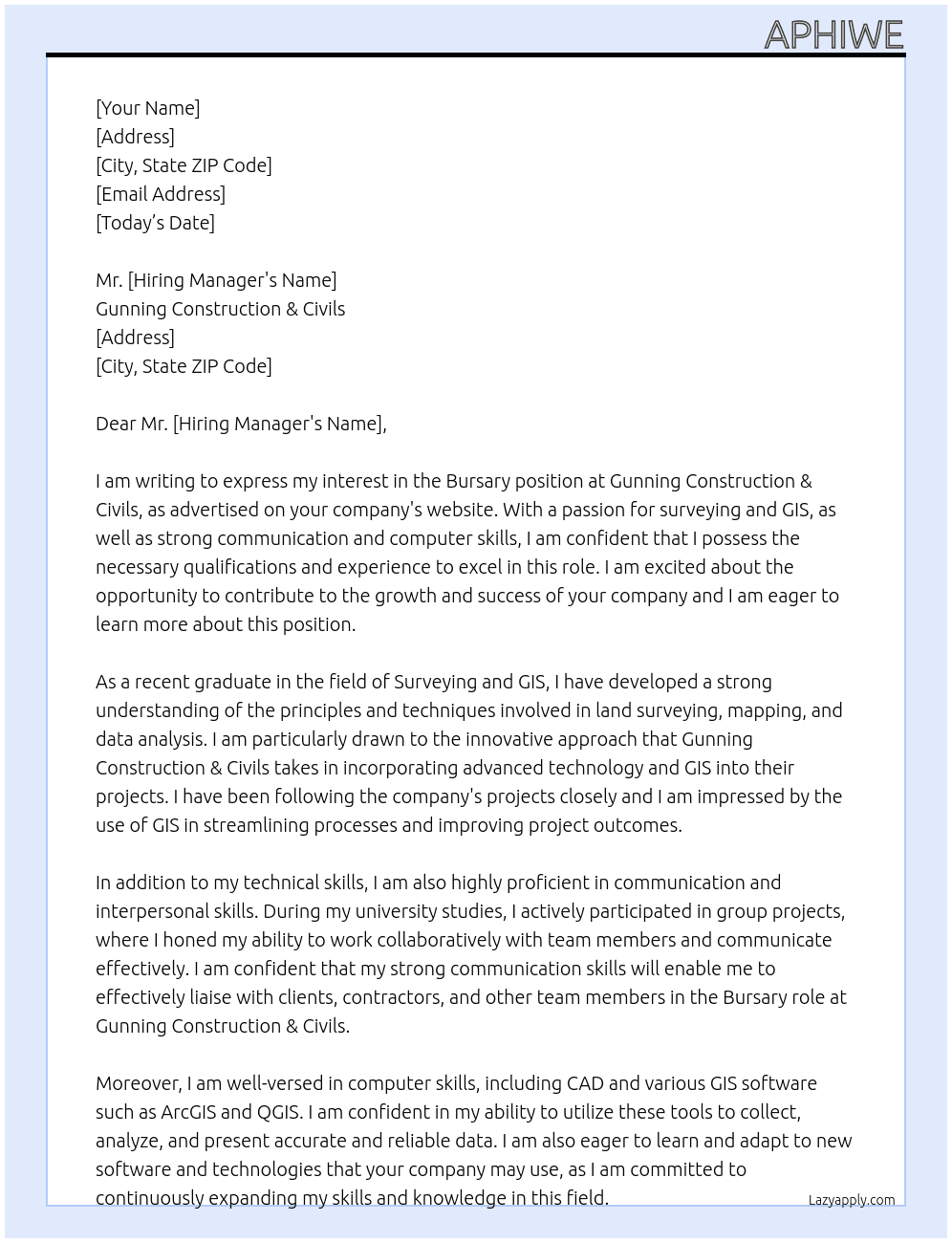 Bursary At Gunning Construction & Civils Cover Letter