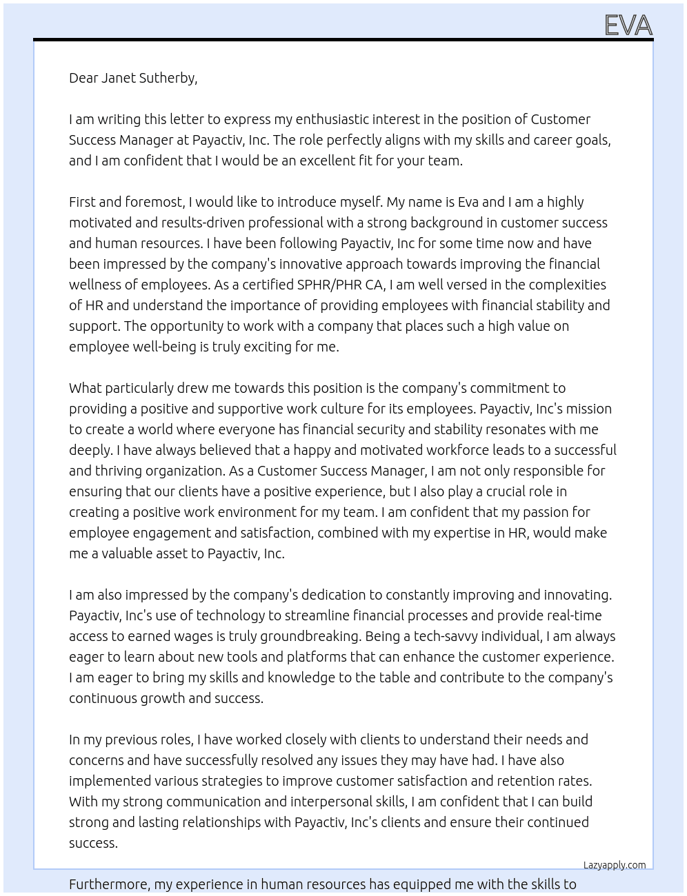 customer success manager At Payactiv, Inc Cover Letter
