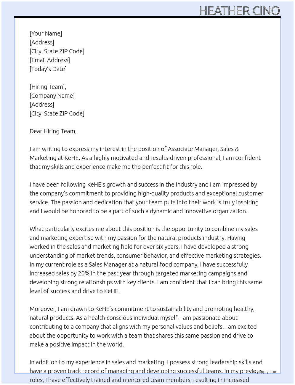 Associate Manager, Sales & Marketing At KeHE Cover Letter
