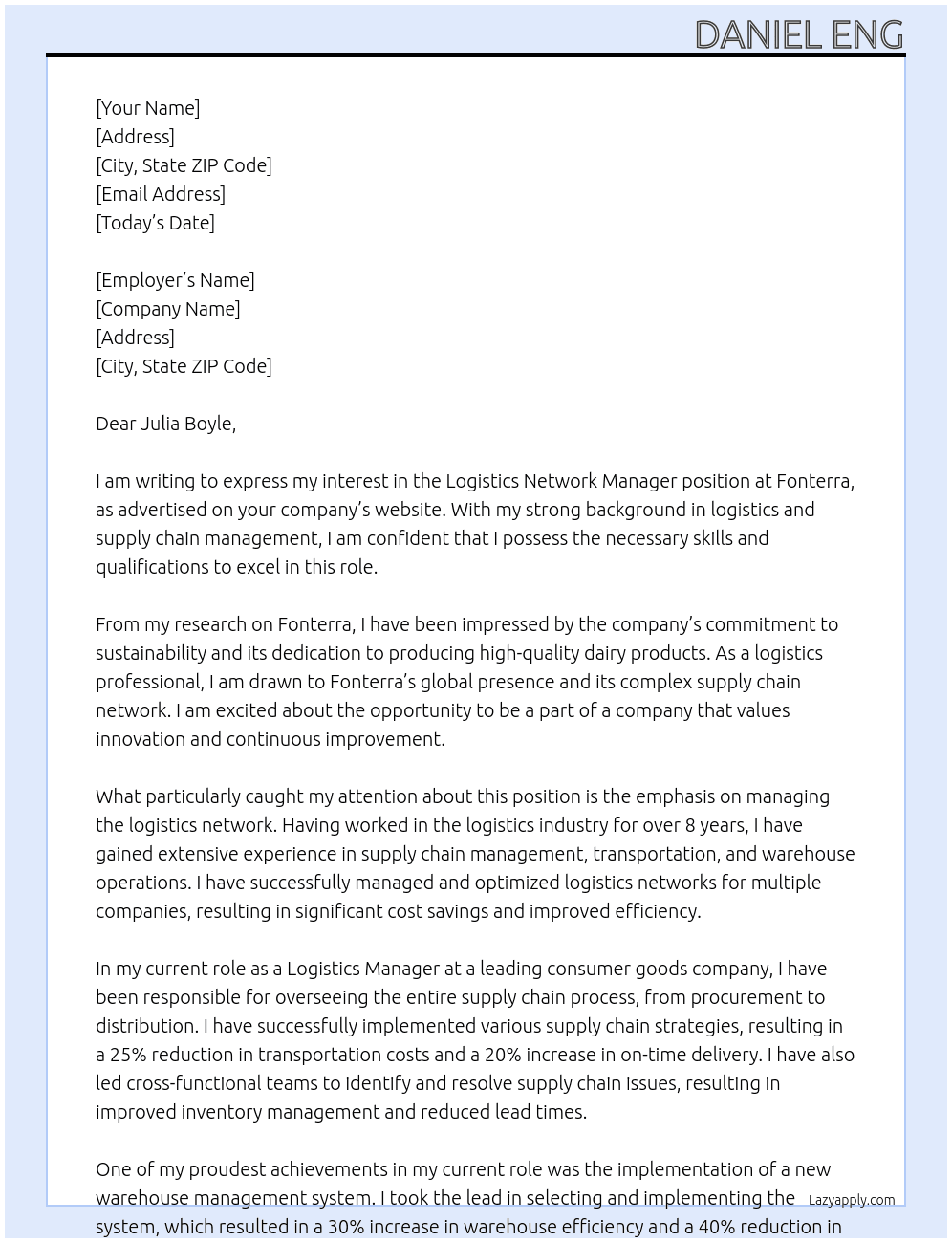 Logistics Network Manager At Fonterra Cover Letter