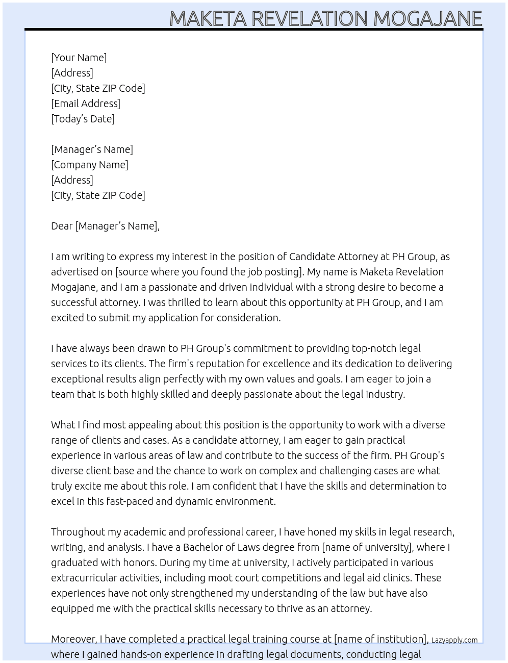 Candidate Attorney At PH Goup Cover Letter