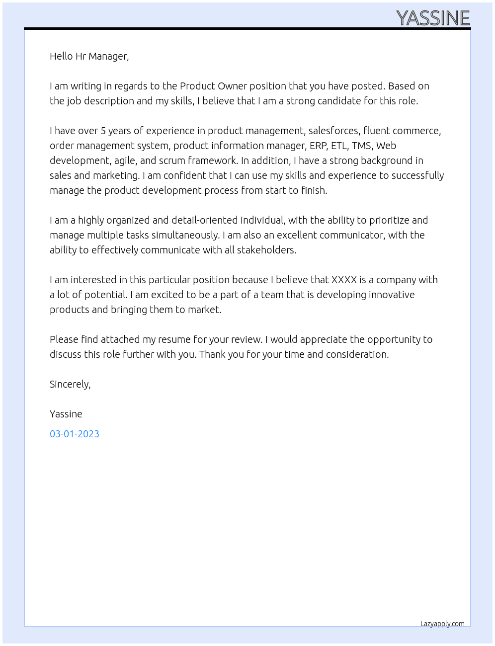 Product Owner At XXXX Cover Letter