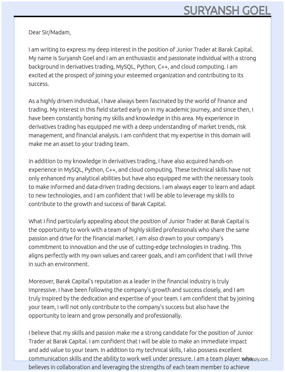 Junior Trader At Barak Capital Cover Letter