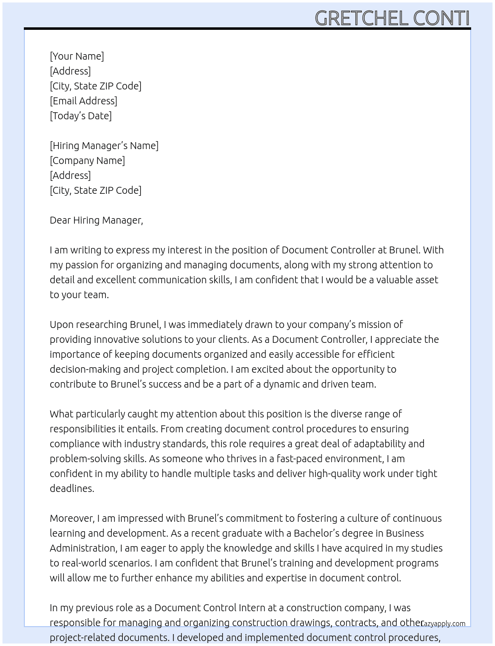 Document Controller At Brunel Cover Letter