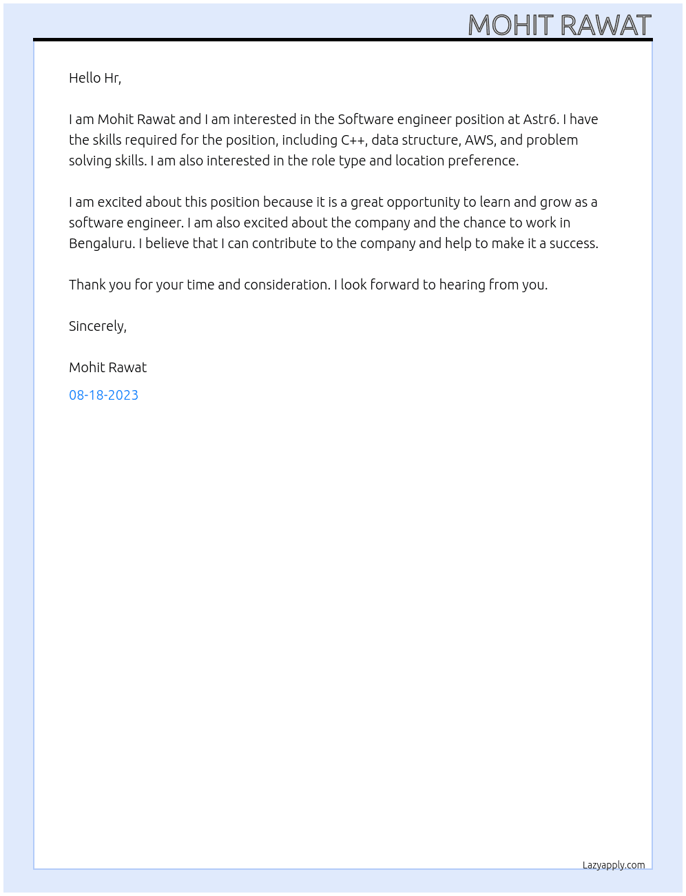 Software engineer At Astr6 Cover Letter
