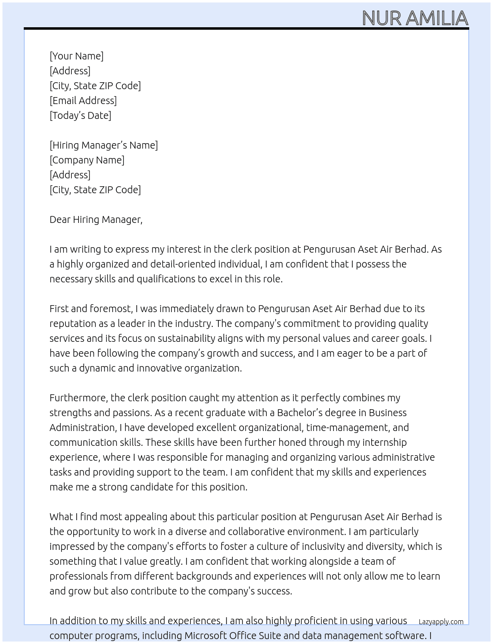 clerk At Pengurusan Aset Air Berhad Cover Letter