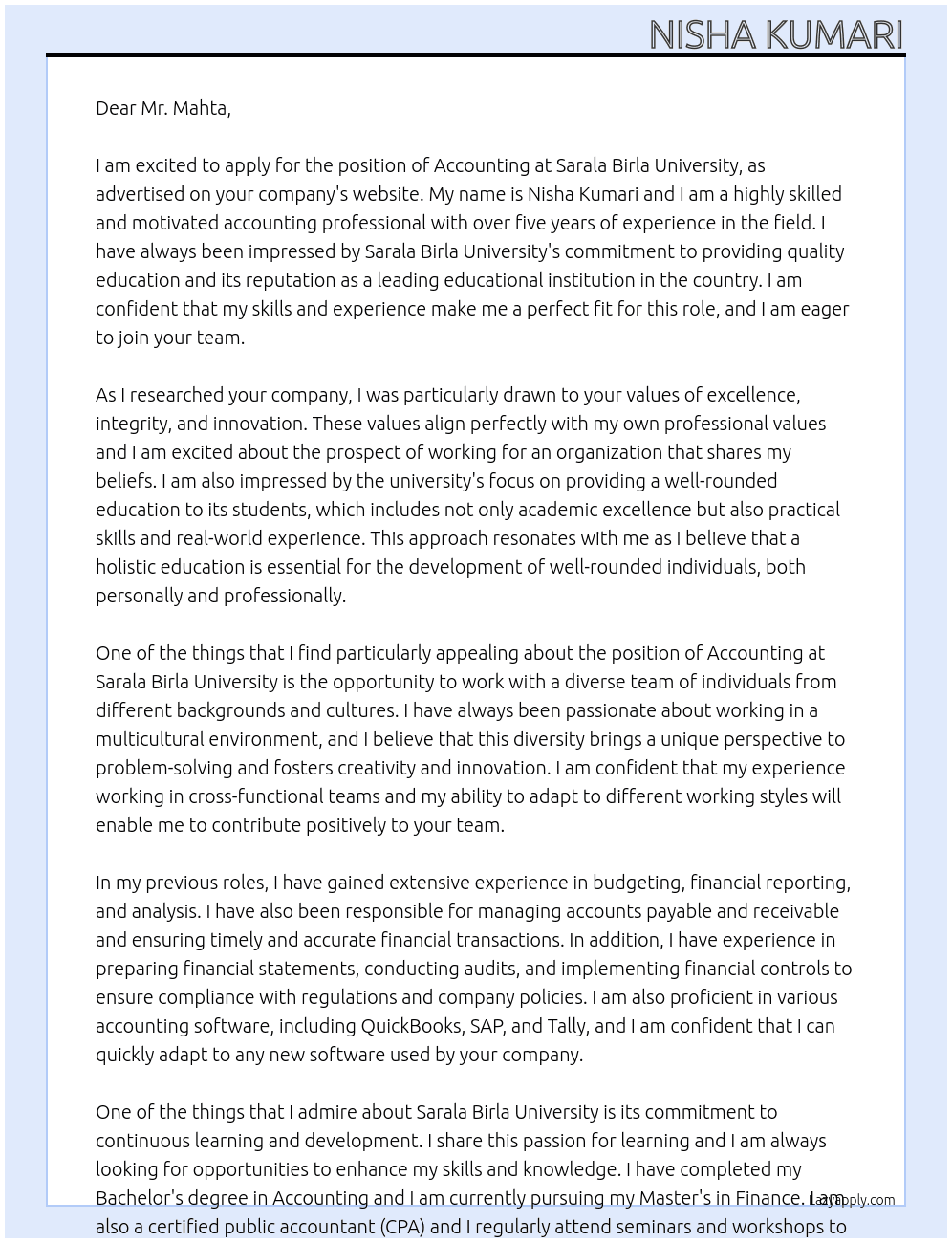 accounting At Sarala birla University  Cover Letter