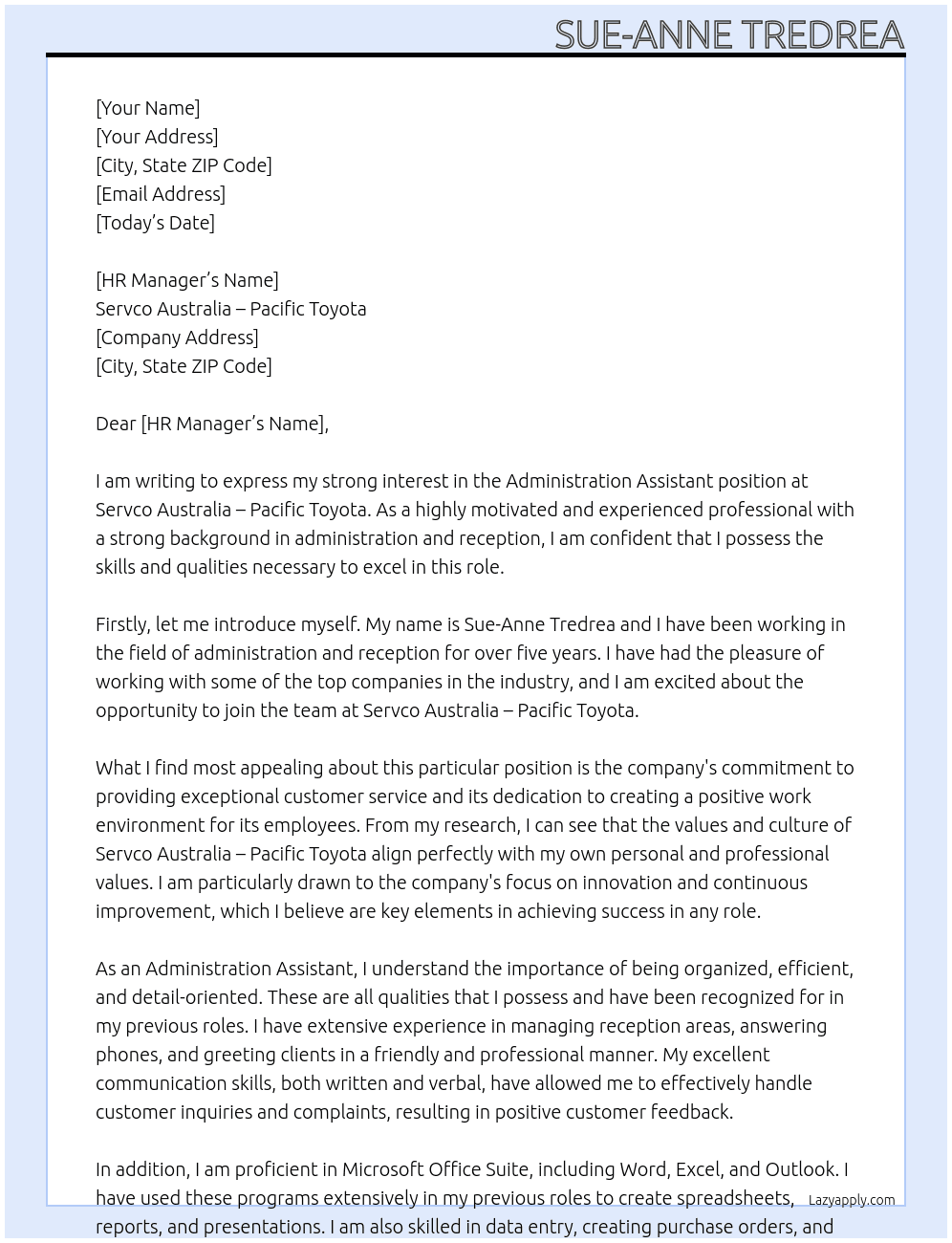 Administation Assistant At Servco Australia - Pacific Toyota Cover Letter
