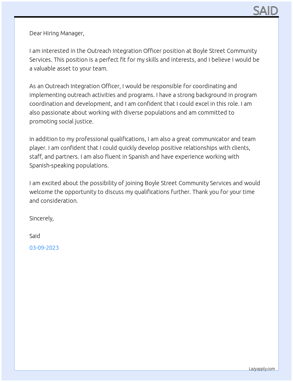 Outreach Integration Officer  At Boyle street community services  Cover Letter