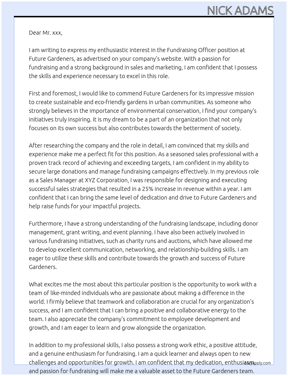 Fundraising Officer At Future Gardeners  Cover Letter