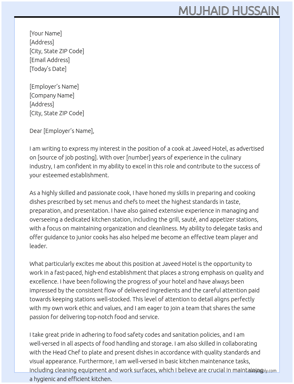 cooking At Javeed Hotel  Cover Letter
