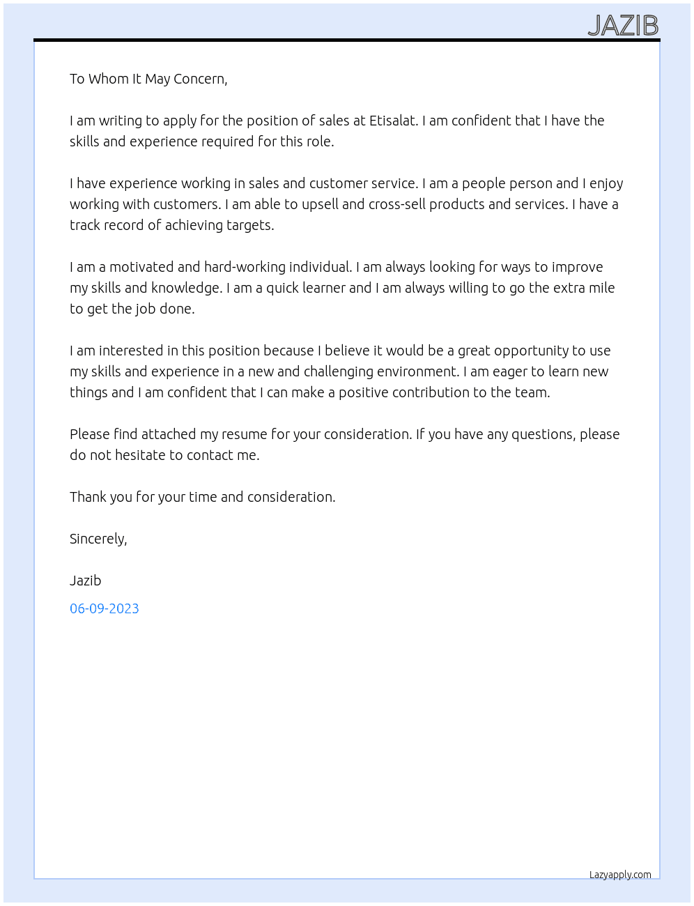 sales At zoxcell Cover Letter