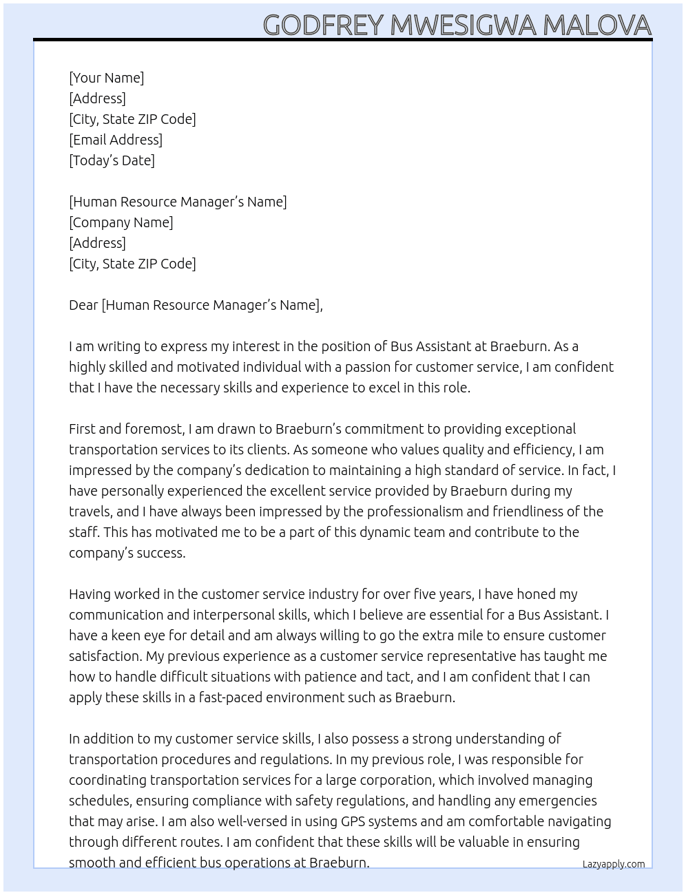 bus assistant At Braeburn Cover Letter